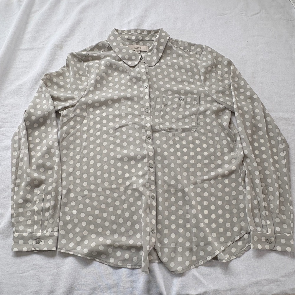 LOFT Grey White Polka Dot Peter Pan Collar Button Down Blouse Shirt Womens M‎